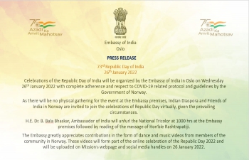 Due to the pandemic,#flaghoisting on #RepublicDay would be restricted to the members of the Embassy. However, we invite you to celebrate the auspicious day with us virtually on 26th Jan 2022. Ministry of External Affairs, Government of India
