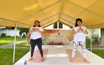 Embassy of India in Oslo celebrated the 8th International Day of Yoga (IDY) on 21 June, 2022.  Here, Ms. Jenny Vagane and Ms. Kamaldeep Banga, the Yoga experts
