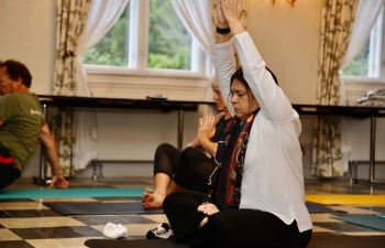 During visit to the Botanical Garden, H.E. Smt. Meenakashi Lekhi, Hon'ble Minister of State for External Affairs & Culture attended a Yoga session on 17 August, 2022.