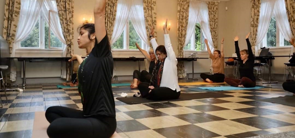 The Yoga session in progress at the Botanical Garden, Oslo during visit of H.E. Smt. Meenakashi Lekhi, Minister of State for External Affairs & Culture on 17 August, 2022.