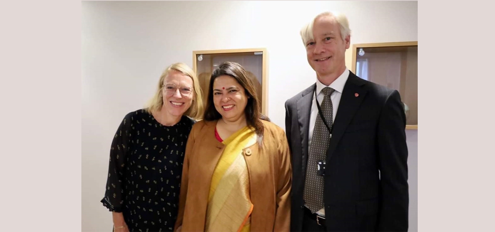  H.E. Smt. Meenakashi Lekhi, Minister of State for External Affairs & Culture with H.E. Ms. Anniken Huitfeldt, Minister of Foreign Affairs of Norway and H.E. Mr. Erling Rimestad, State Secretary, Ministry of Foreign Affairs of Norway on 18 August, 2022.