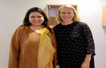 H.E. Smt. Meenakashi Lekhi, Minister of State for External Affairs & Culture with H.E. Ms. Anniken Huitfeldt, Minister of Foreign Affairs of Norway and H.E. Mr. Erling Rimestad, State Secretary, Ministry of Foreign Affairs of Norway on 18 August, 2022.