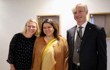 H.E. Smt Meenakashi Lekhi, Minister of State for External Affairs & Culture with H.E. Ms. Anniken Huitfeldt, Minister of Foreign Affairs of Norway in the Ministry of Foreign Affairs, Norway.