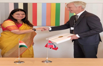 H.E. Smt. Meenakashi Lekhi, Minister of State for External Affairs & Culture at meeting with H.E. Mr. Erling Rimestad, State Secretary, Ministry of Foreign Affairs, Norway on 18 August, 2022.